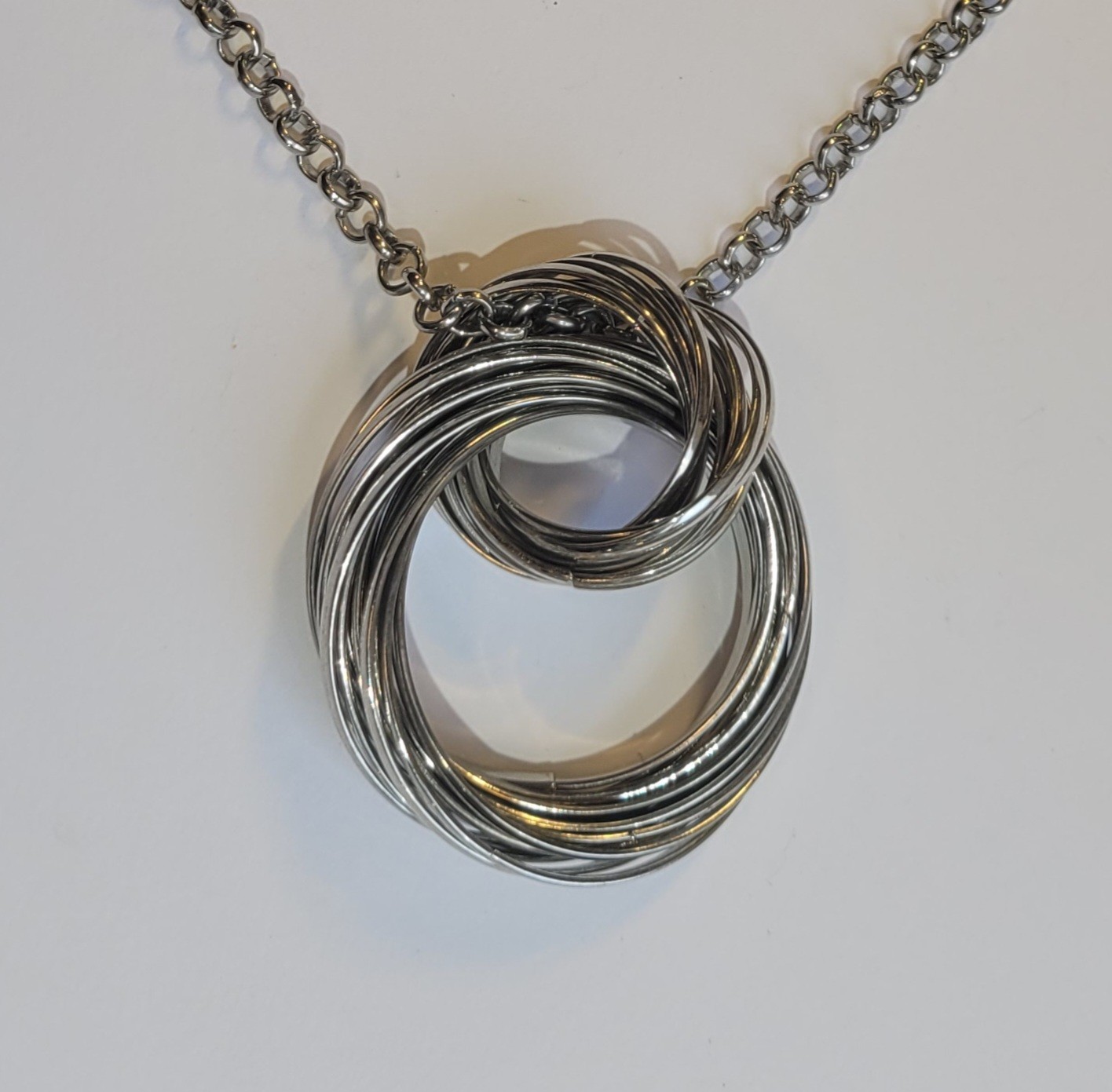 Mid Century Modern Intertwined Multi Ring Stainless Steel Pendant 36in Necklace