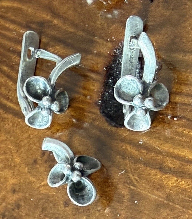 Flower Shaped Earrings Pendant Ring Set Sterling Silver 875 USSR Soviet Jewelry