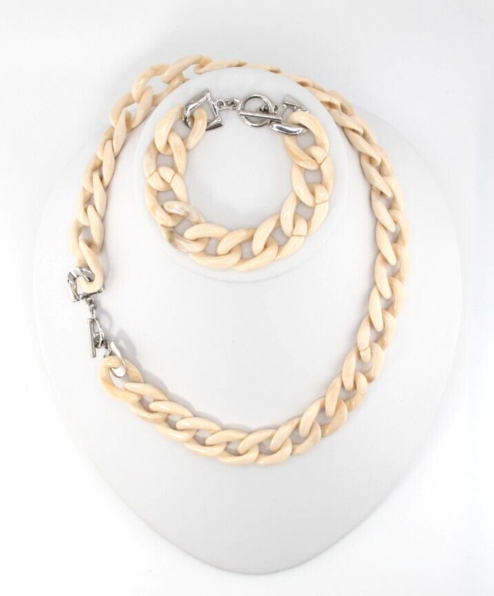 Vintage Bohemian Set Bracelet & Necklace Marbled Cream Tone Acetate Twist Chain