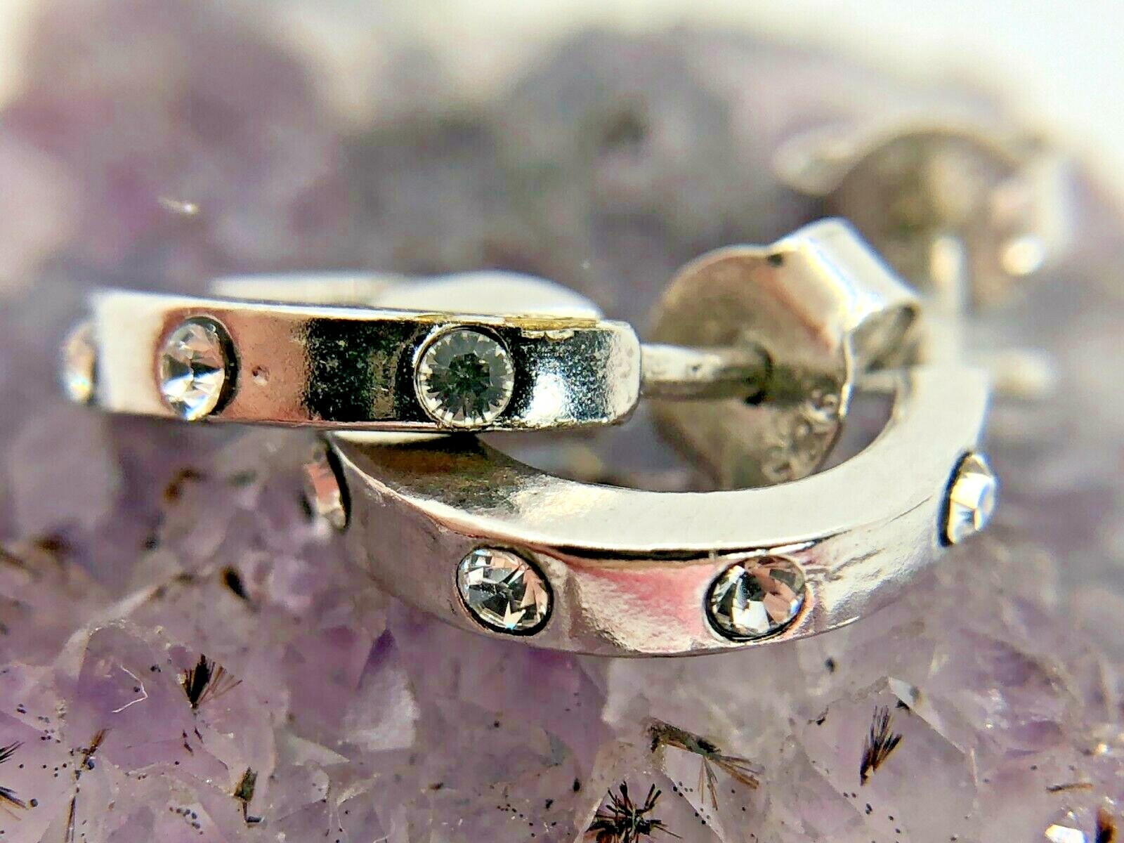 Vintage Sterling Silver 1mm Clear Gemstone Huggie Hoop Earrings 2 Grams