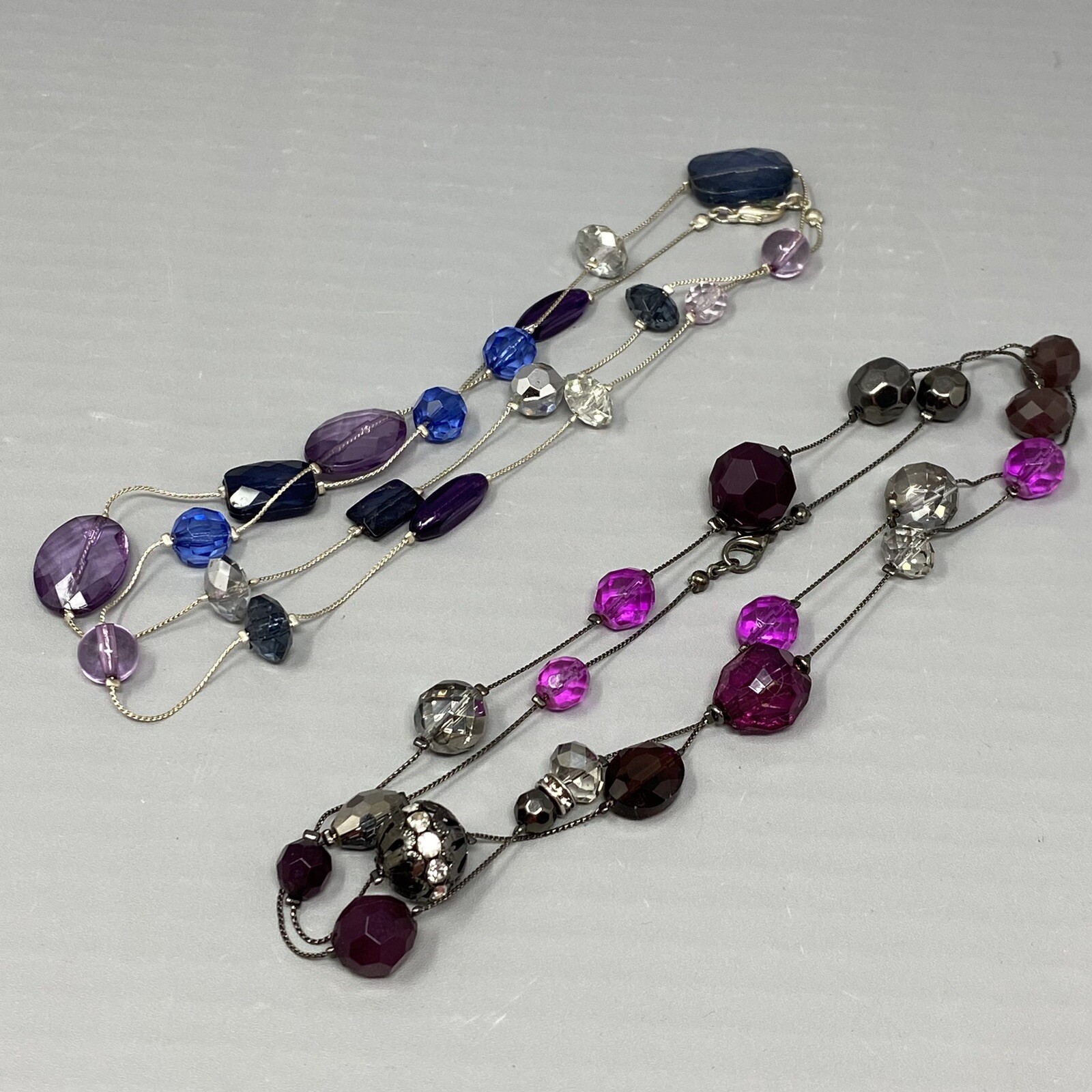 Station Bead Necklace Lot of 2 Mixed Acrylic Glass Faceted Long Purple Blue 35″