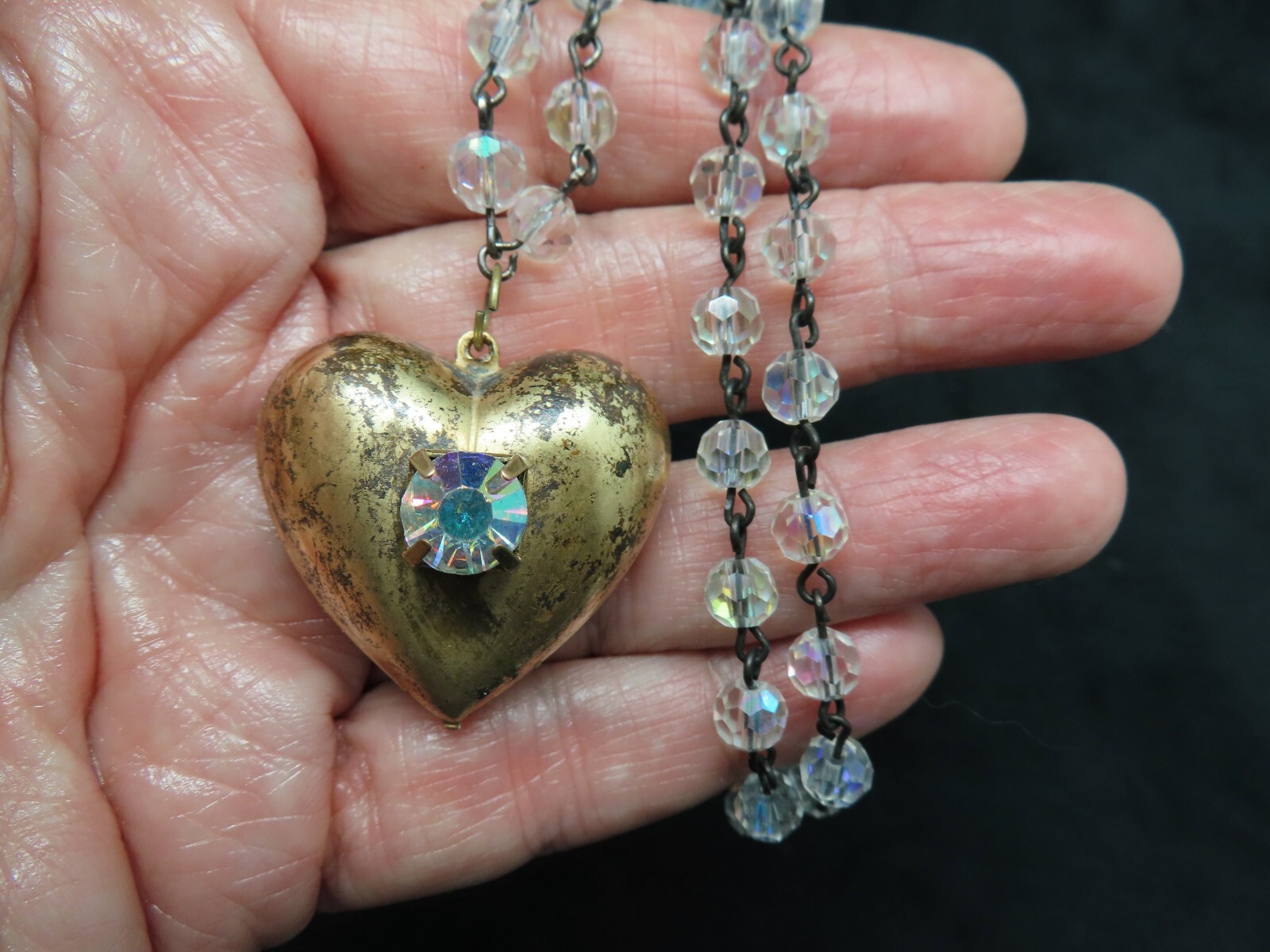 Valentine’s Day 1980’s Crystal Bead Chain w/Distressed Puffed Heart Pendant