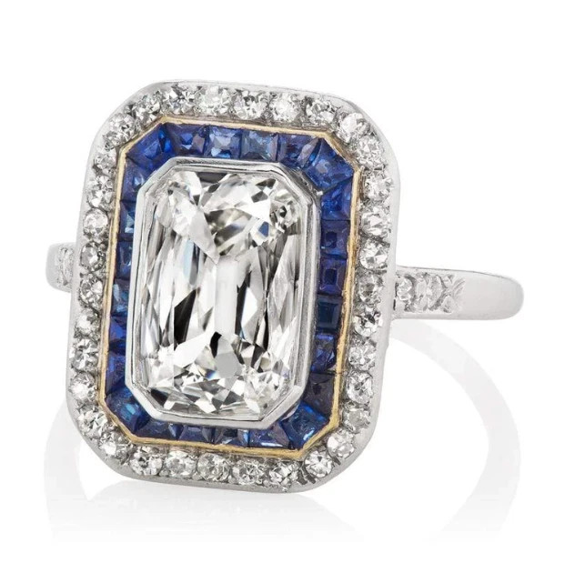 Art Deco Era Circa 1925s 1.69CT Old Mine Cut CZ & Blue Sapphire Double Halo Ring
