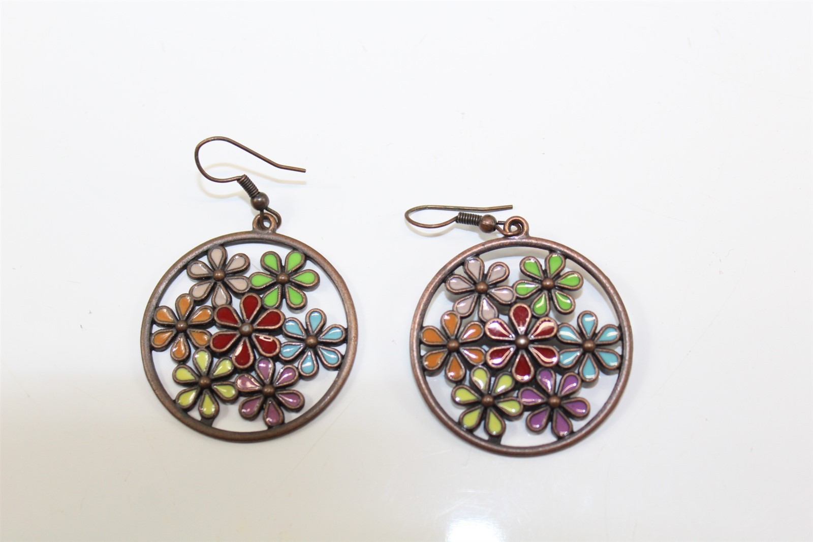 Earrings Bronze-tone Alloy With Resin Fill Floral Design Dangle Vintage