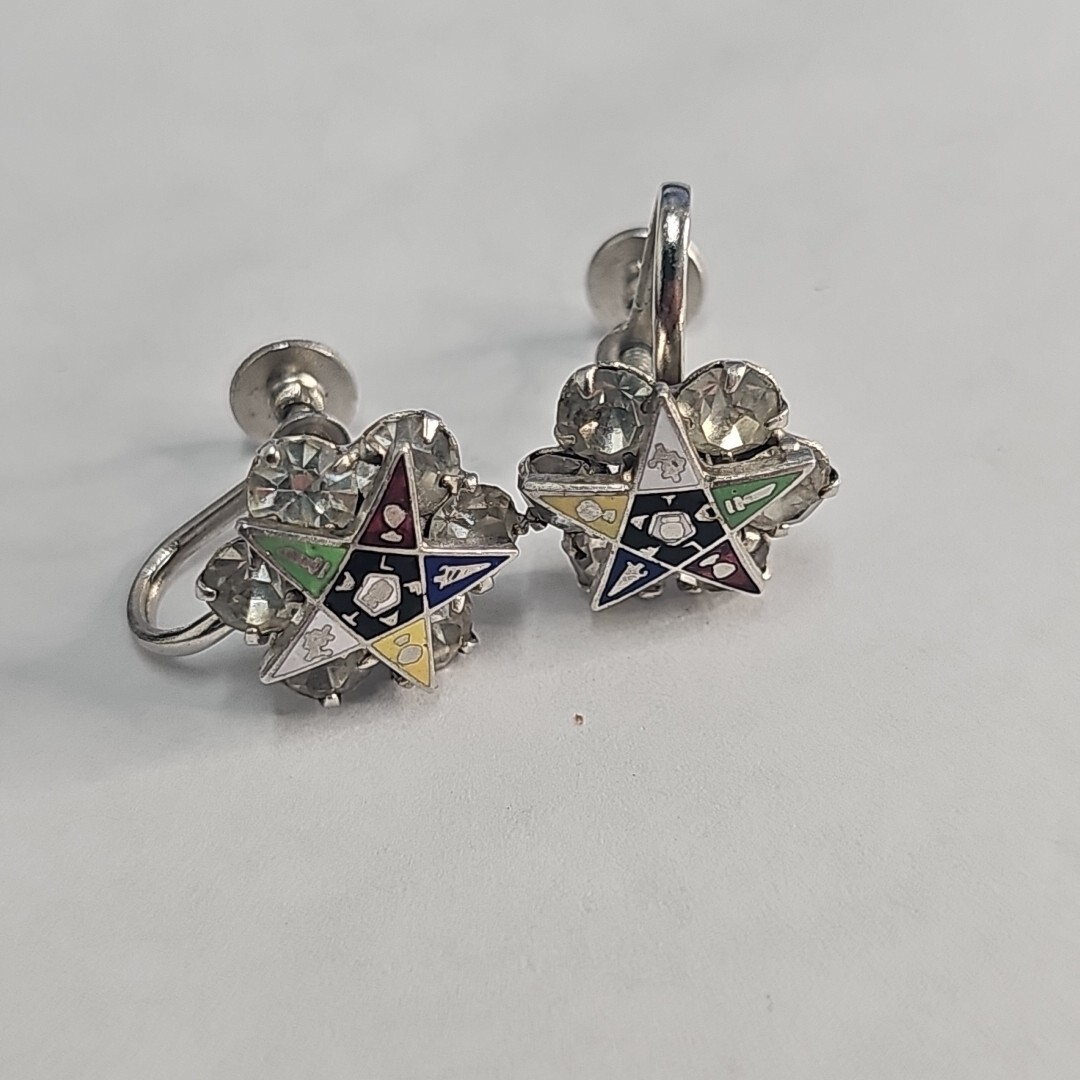 Vintage Order Of Eastern Star Rhinestone & Enamel Costume Screw Earrings H421