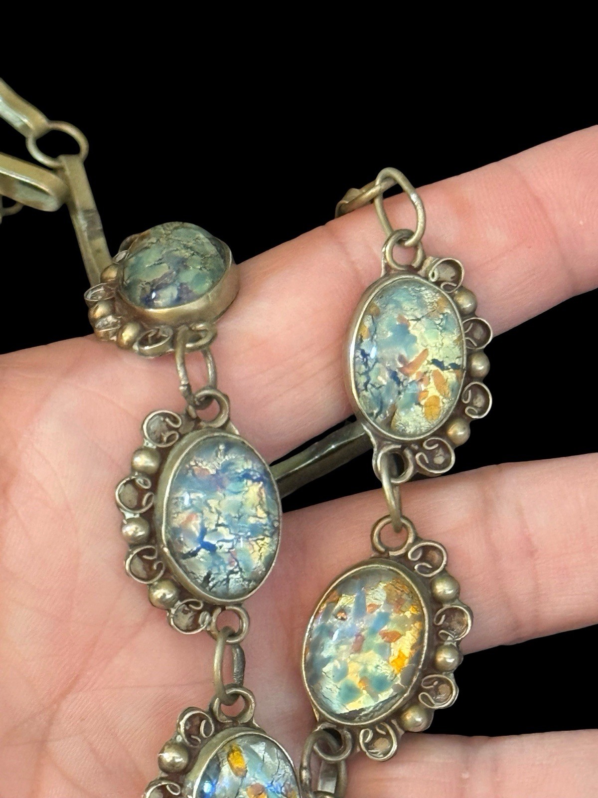 RARE Vintage TAXCO, Mex. dichroic glass Cabochons Set in Brass SIGNED E.Dr T12