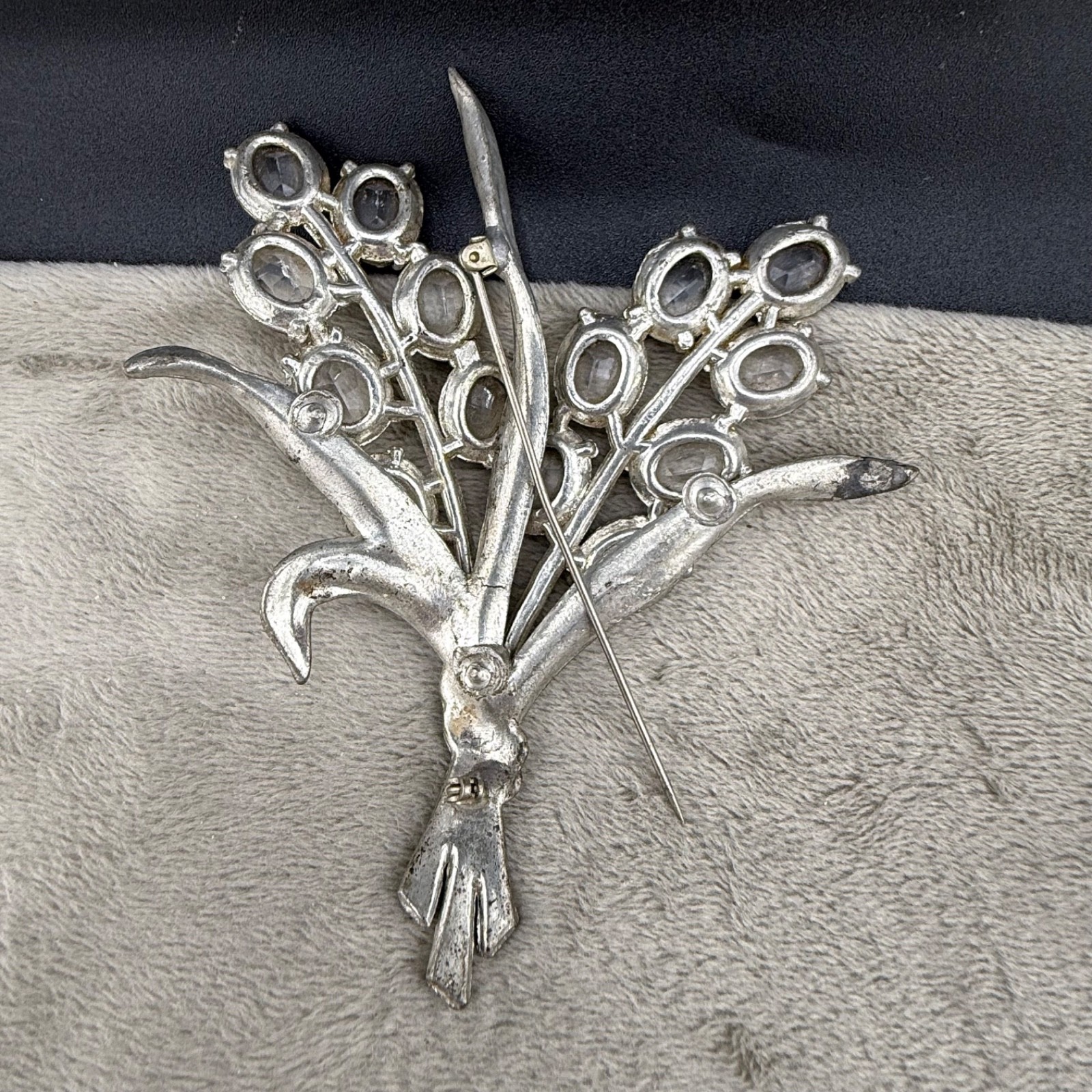 Vintage Pot Metal Rhinestone Flower Brooch Silver Tone