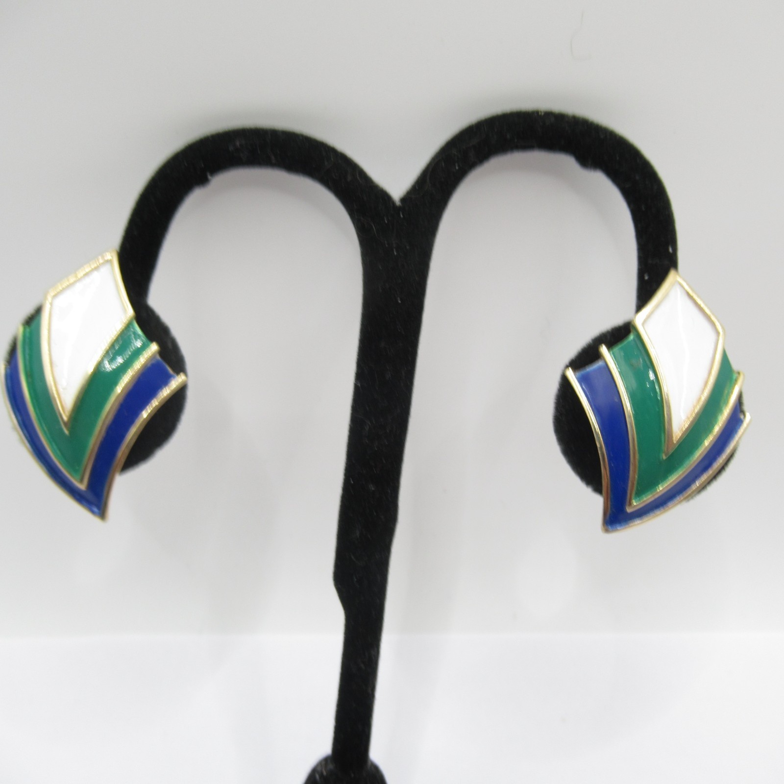 Trifari Crown Enamel Blue White Green Abstract Vintage Clip-On Earrings
