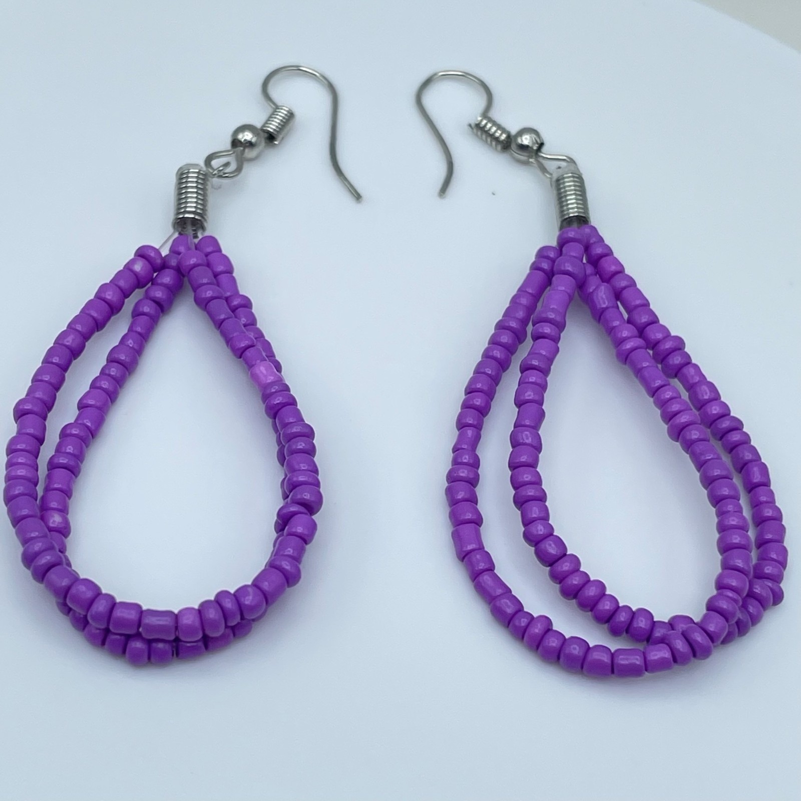 Vintage 90s Purple Seed Bead Dangle Earrings Boho Multi Strand Teardrop Fashion