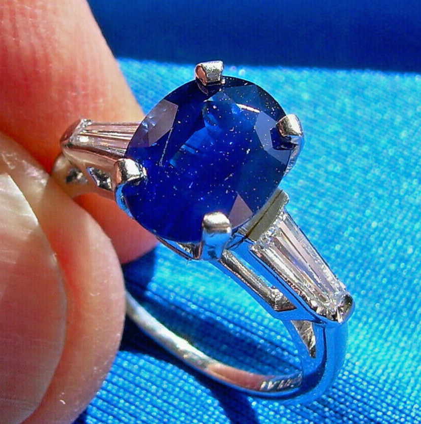 EARTH MINED SAPPHIRE DIAMOND Deco Engagement Ring Vintage PLATINUM Solitaire 3CT