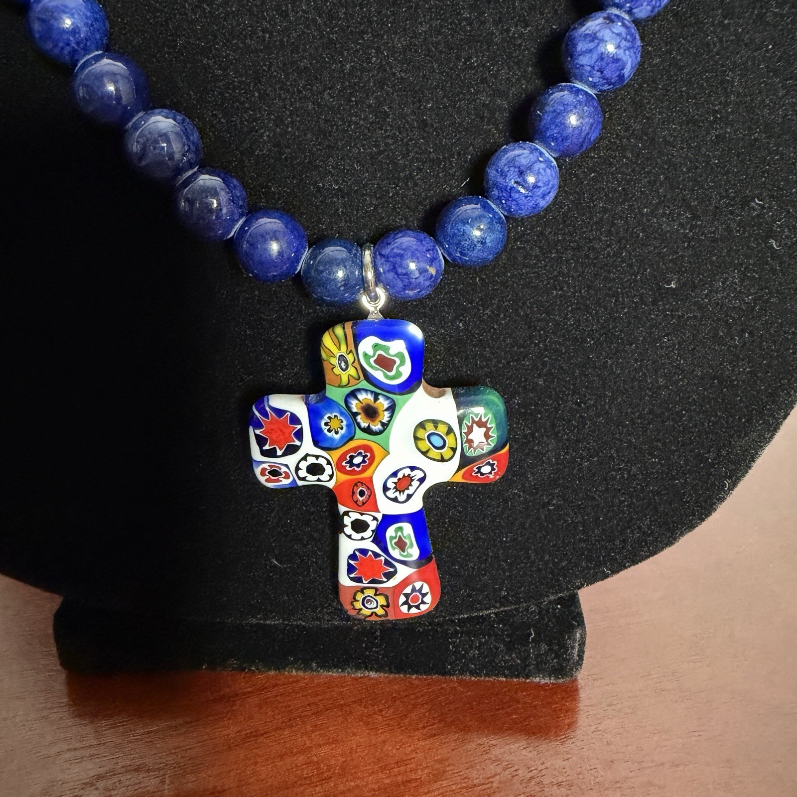 VTG Blue Stone Bead Necklace Millefiori Glass Cross Tibetan Style