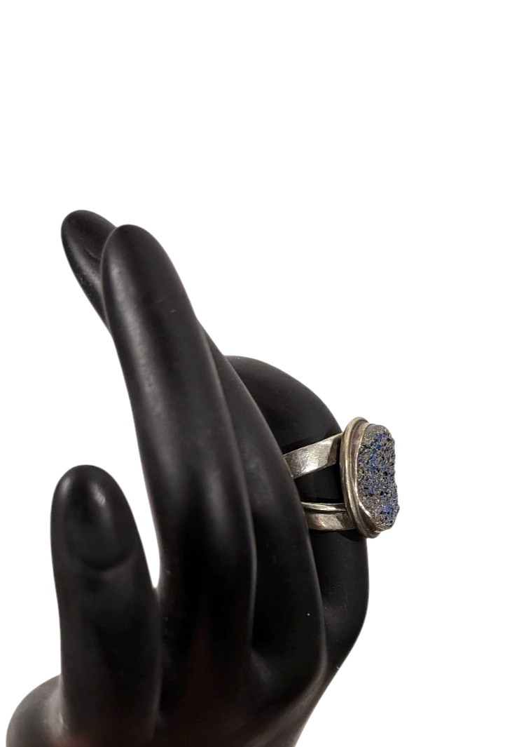 Vintage DI 925 Sterling Silver BLUE DRUZY Quartz Oval Gemstone Women Ring 6.5