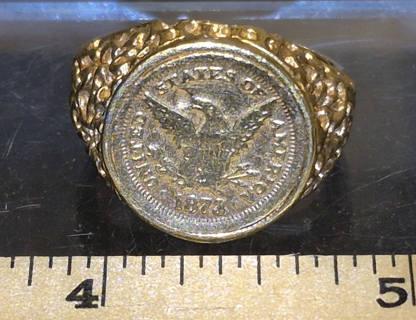 Vtg Size 9 Ring Faux Coin Eagle Nugget USA United States of America 1873 Gold