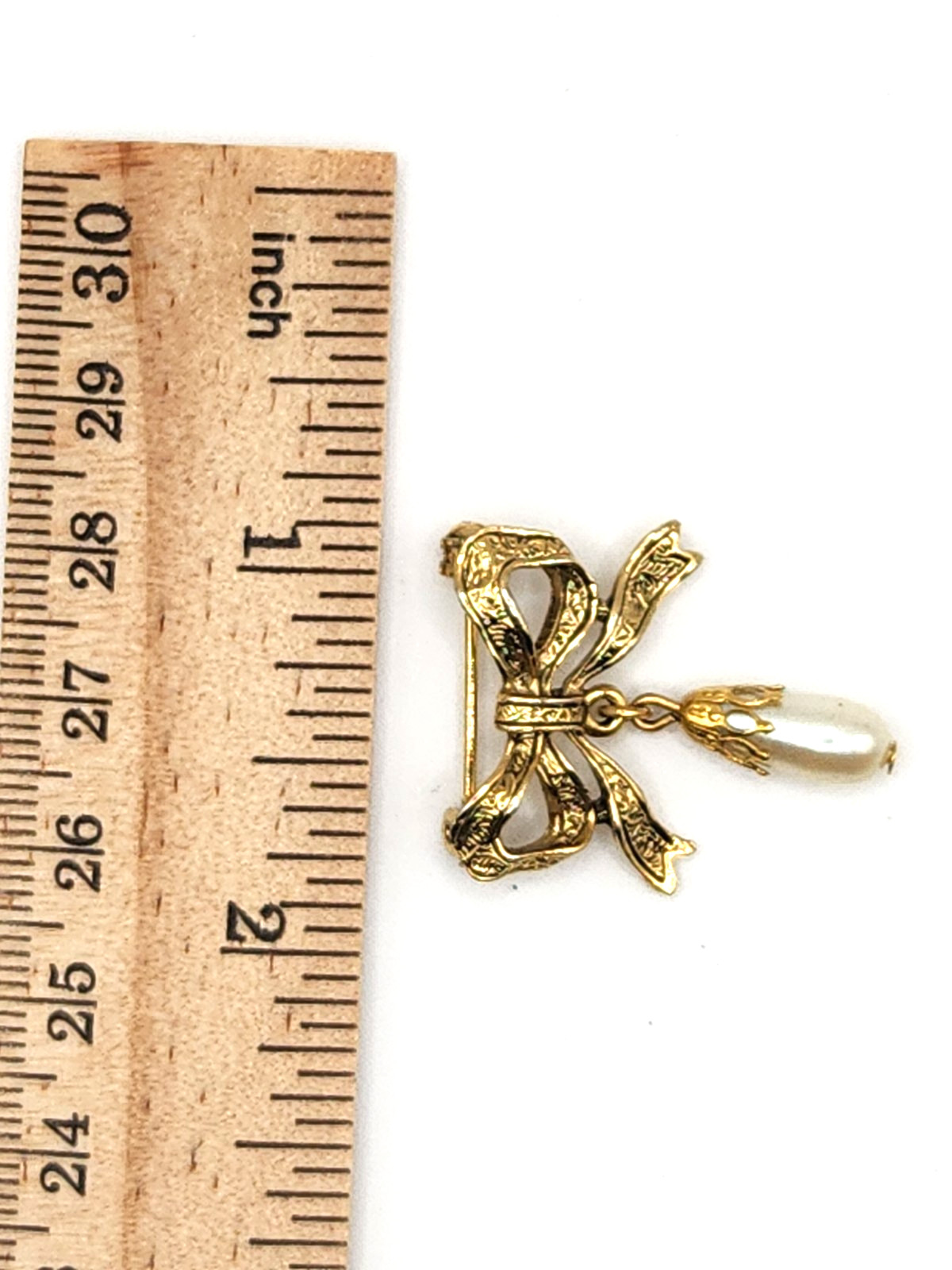 Victorian Revival Style Embossed Bow Brooch w Pendant Teardrop Faux Pearl Drop