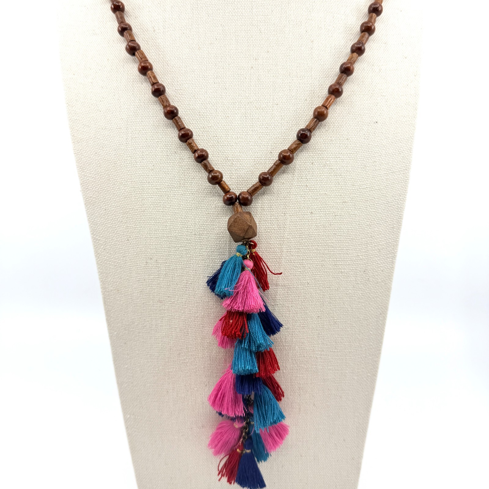 Necklace Vintage Wood Tone Bead Multi Color Tassel Long Boho Statement Retro Y2K