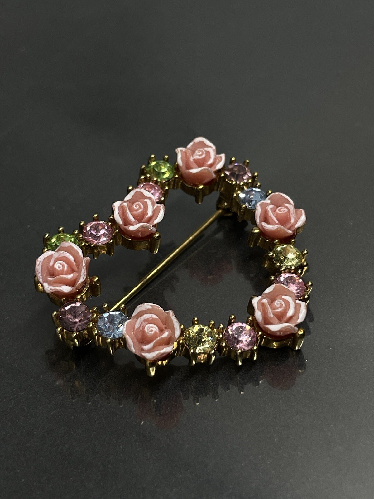 Vintage Avon JJJ Brooch Pin Heart Valentines Flower Rose Accented Rhinestones✨