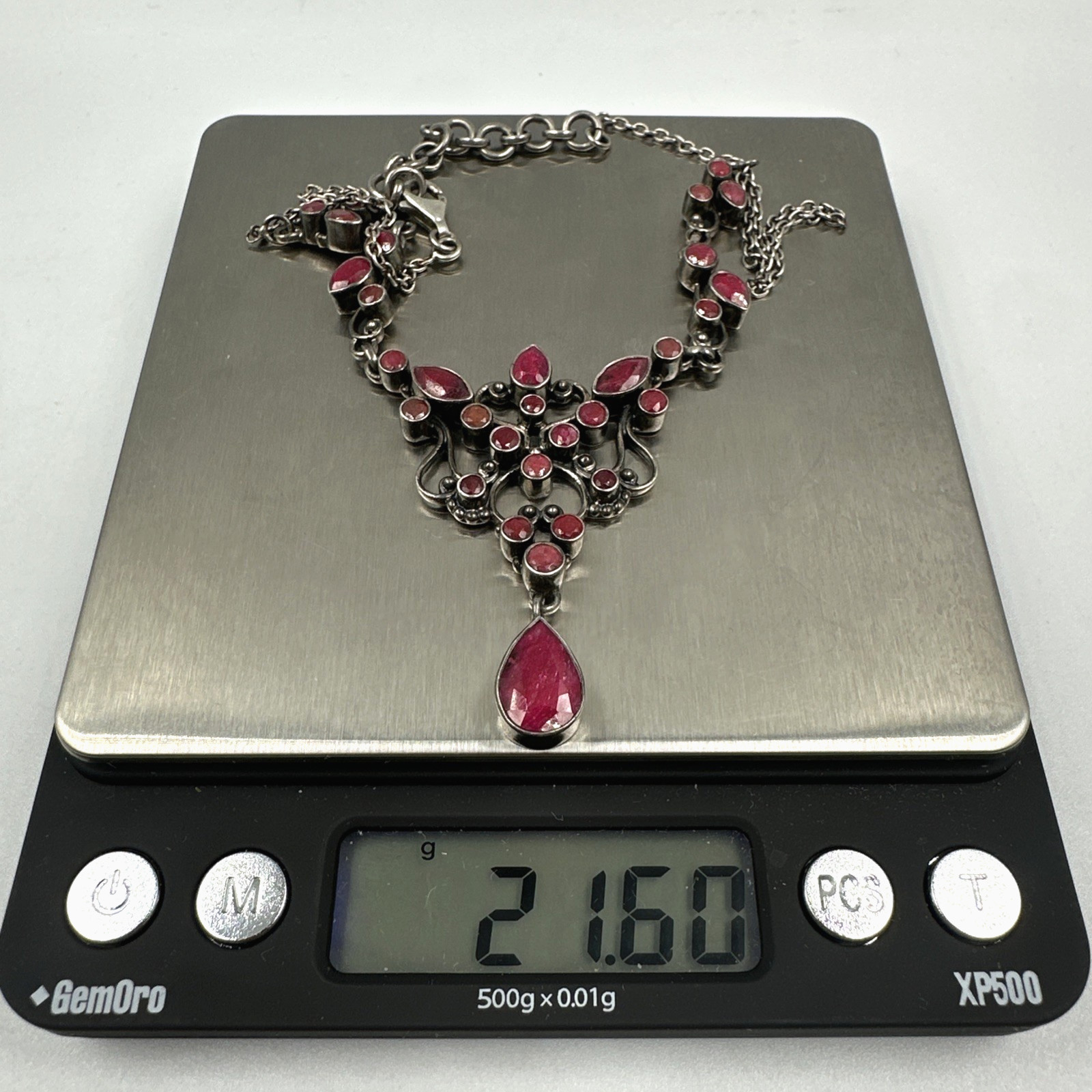 SLG Sterling Silver Necklace Natural Ruby Cluster Y Pendant 3″ Drop 18.5″ 21.60g