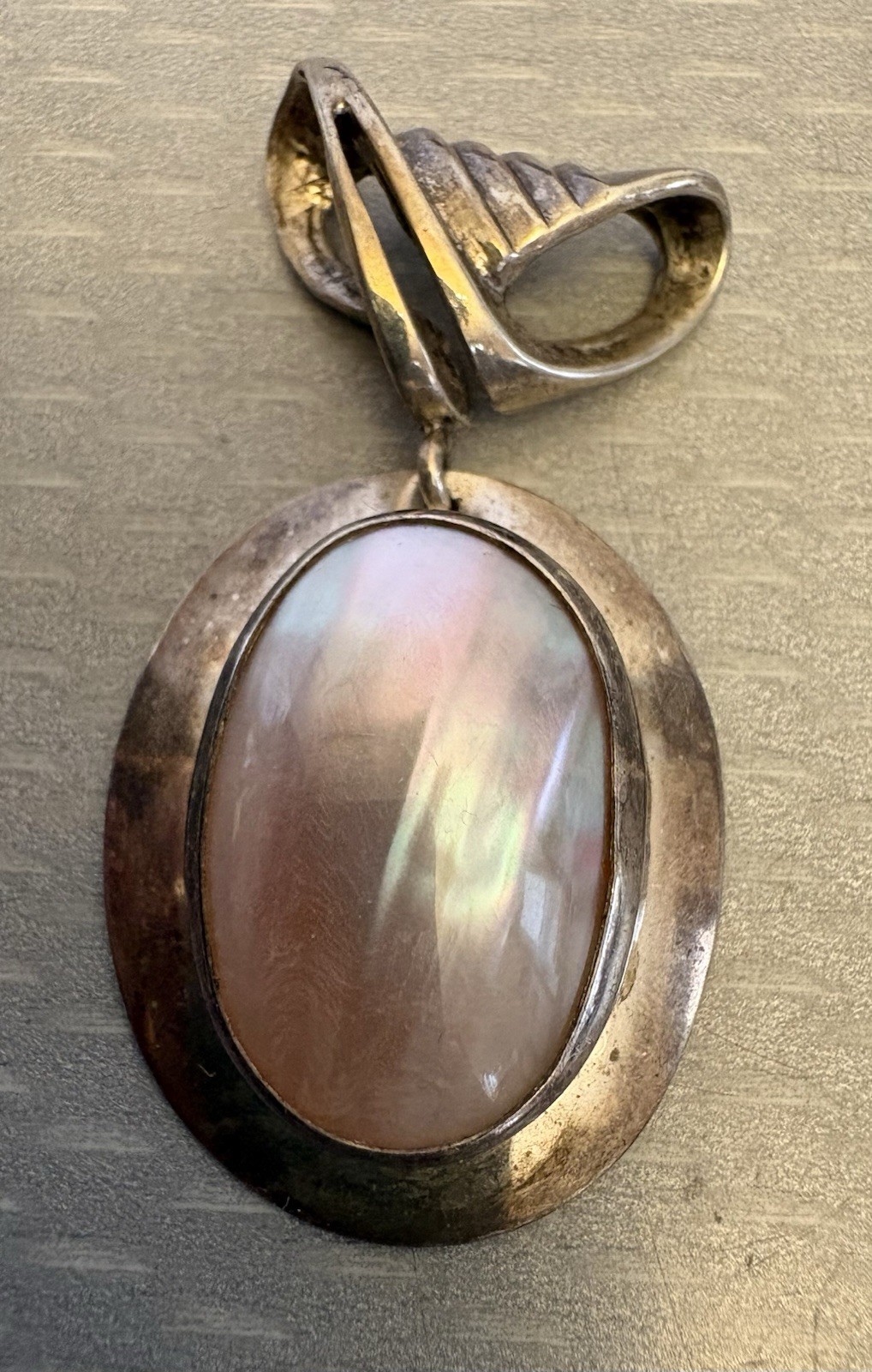 Modernist Signed Nilsson Pendant Sweden Sterling Silver Pearly Pink MOP Shell