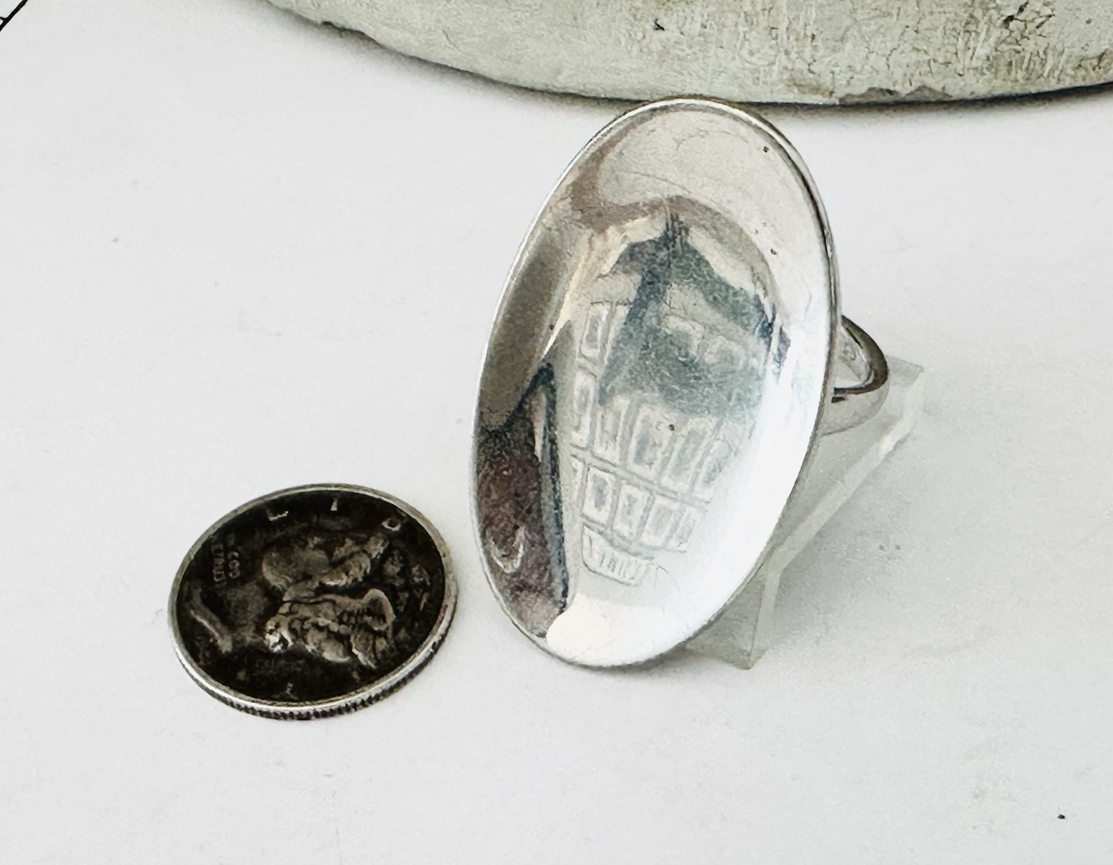 Bold Long Modernist Ring sterling silver 925 Ring Mid Century Retro Concave Disc
