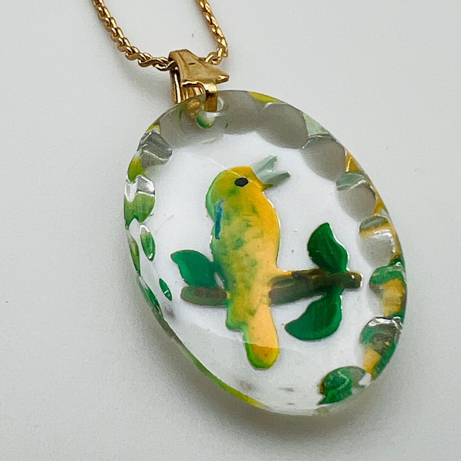 Vintage Glass Bird Pendant Hand Painted Acrylic Necklace Gold Tone Yellow Green
