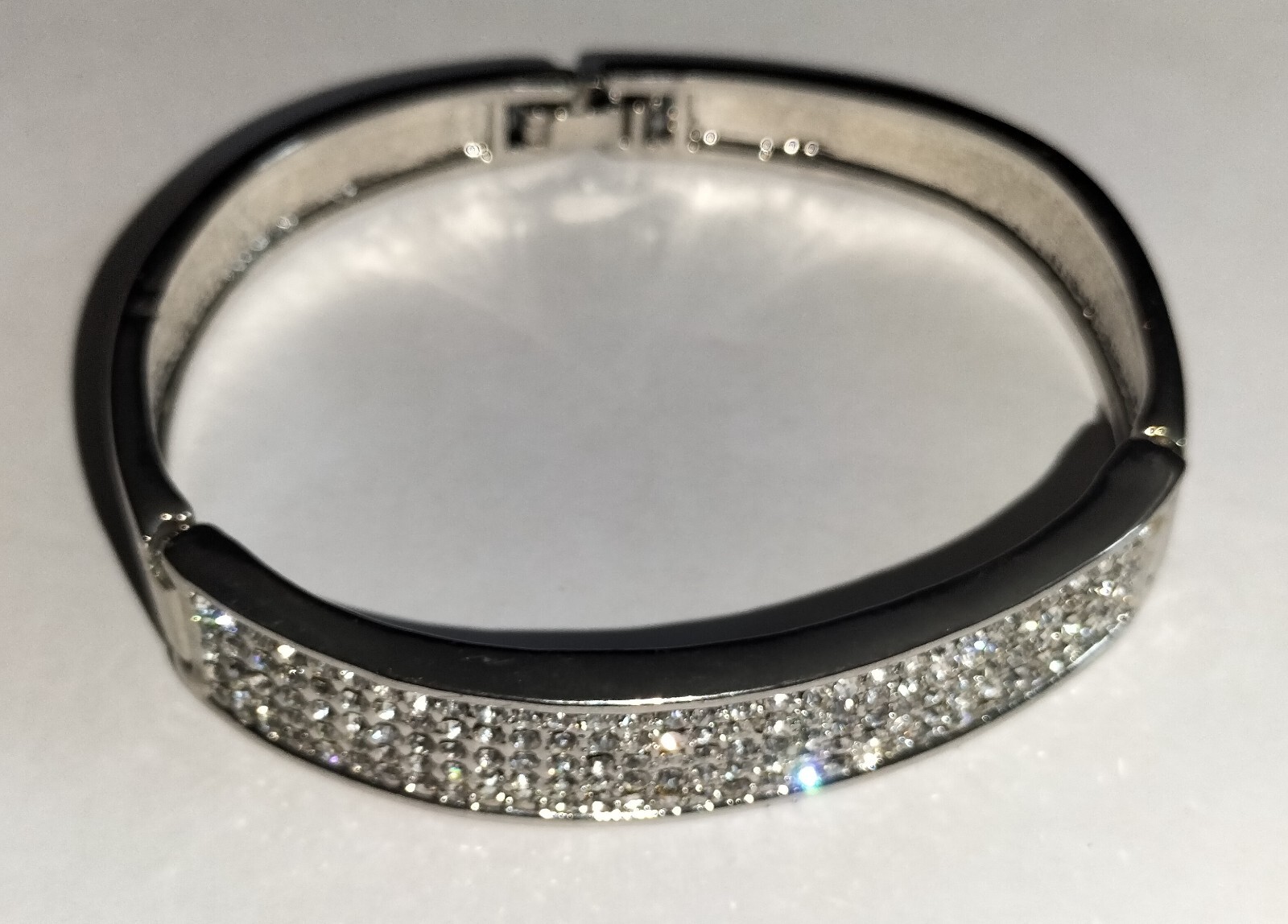Vintage Silver Tone Hinged Bangle Embellished with Pavé Crystals 62 mm