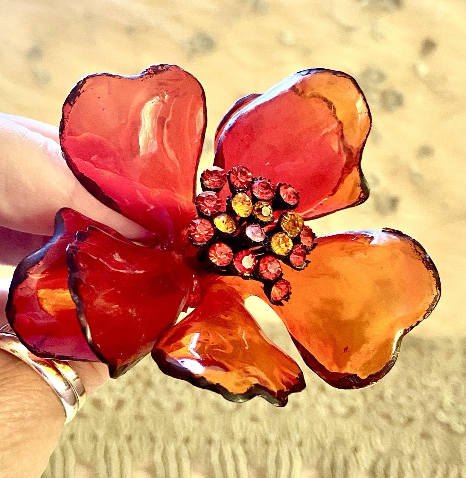 Vintage Cellulose Acetate Flower Brooch Large MCM Red Pink Orange Rhinestone Pin