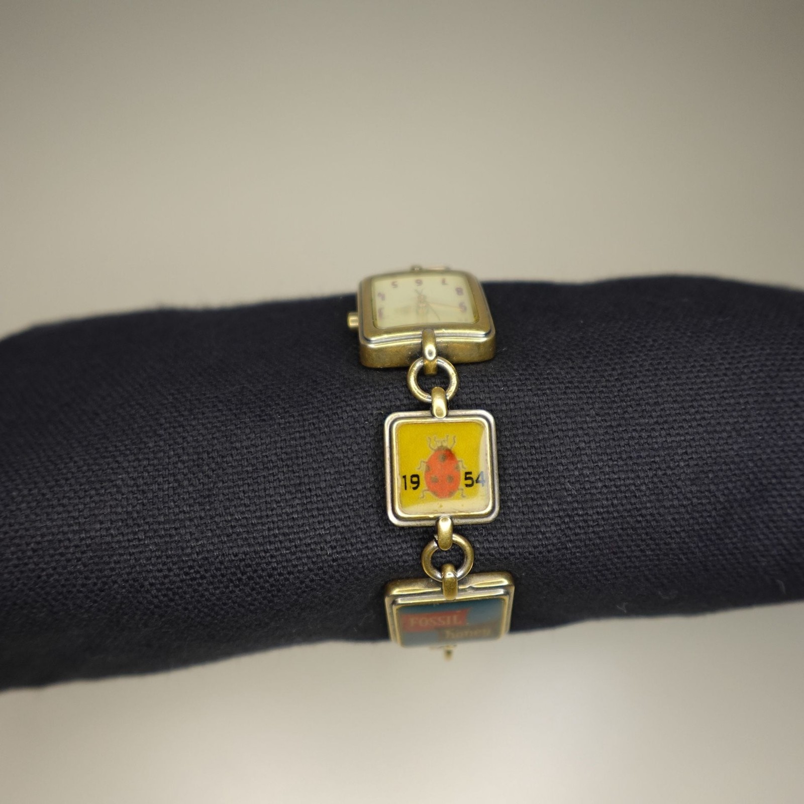 Vintage Fossil Charm Bracelet Watch with Pineapple and Ladybug Charms