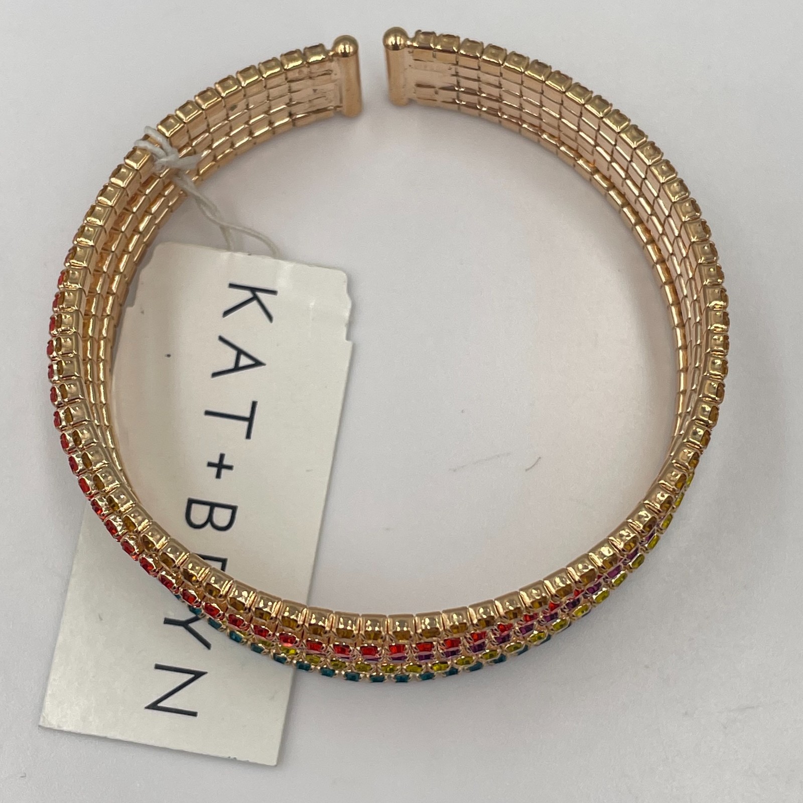 Vintage Kat + Bryn Gold Tone Rainbow Rhinestone 5 Row Open Cuff Bangle Bracelet