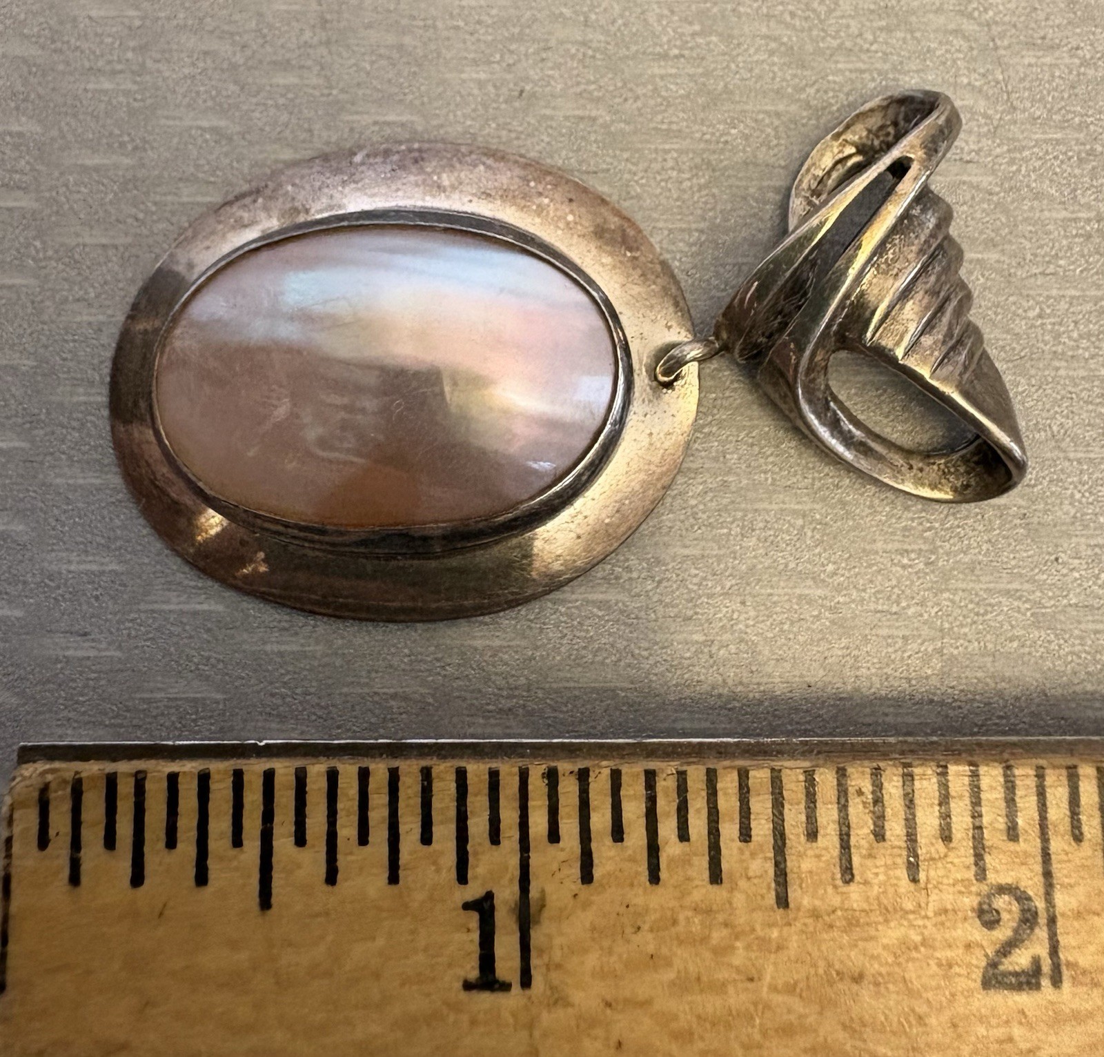 Modernist Signed Nilsson Pendant Sweden Sterling Silver Pearly Pink MOP Shell