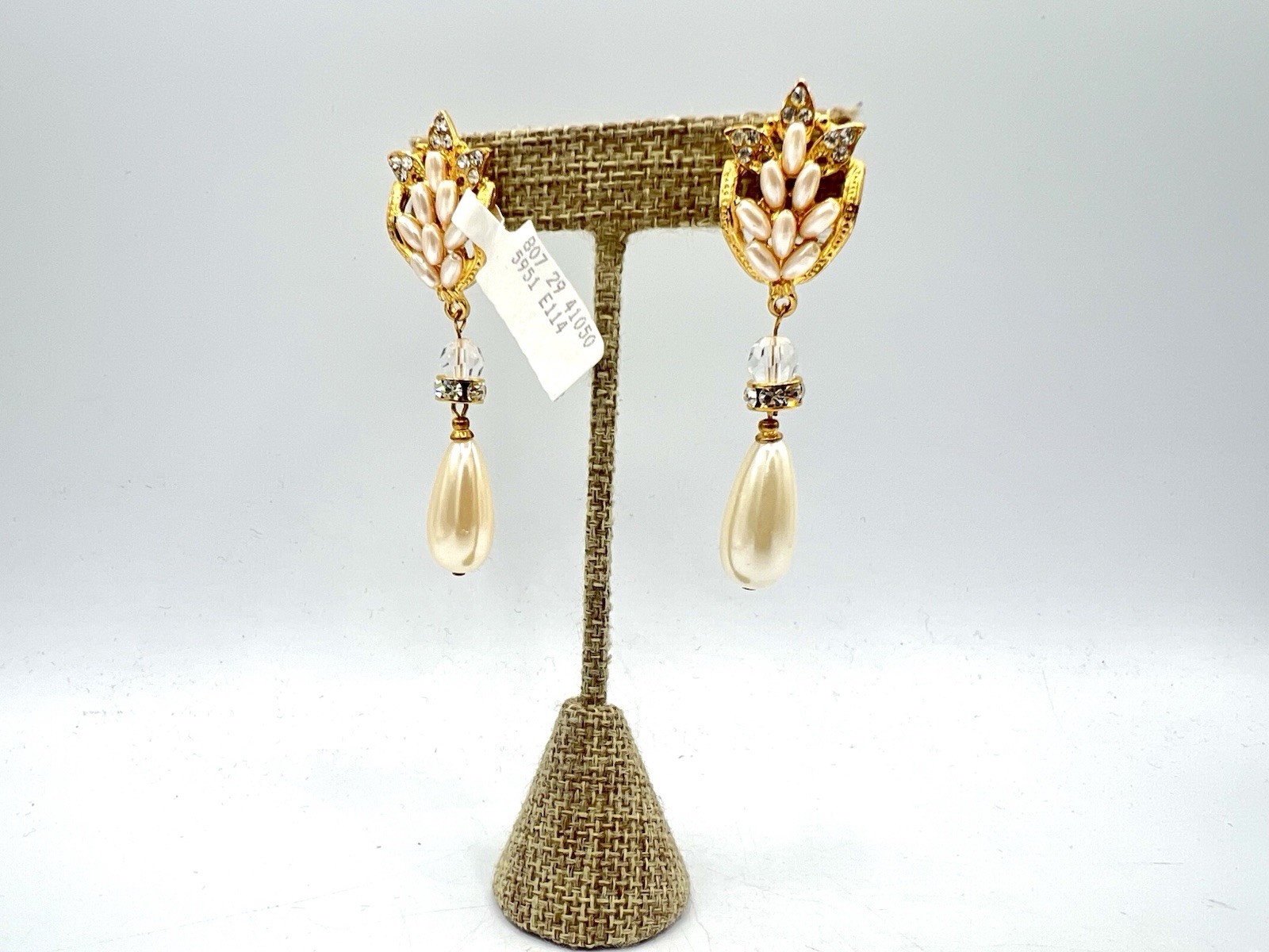 Vintage Gold Pierced Earrings Saks Crystal Bead Dangles 1990s Rice Pearls NOS HM