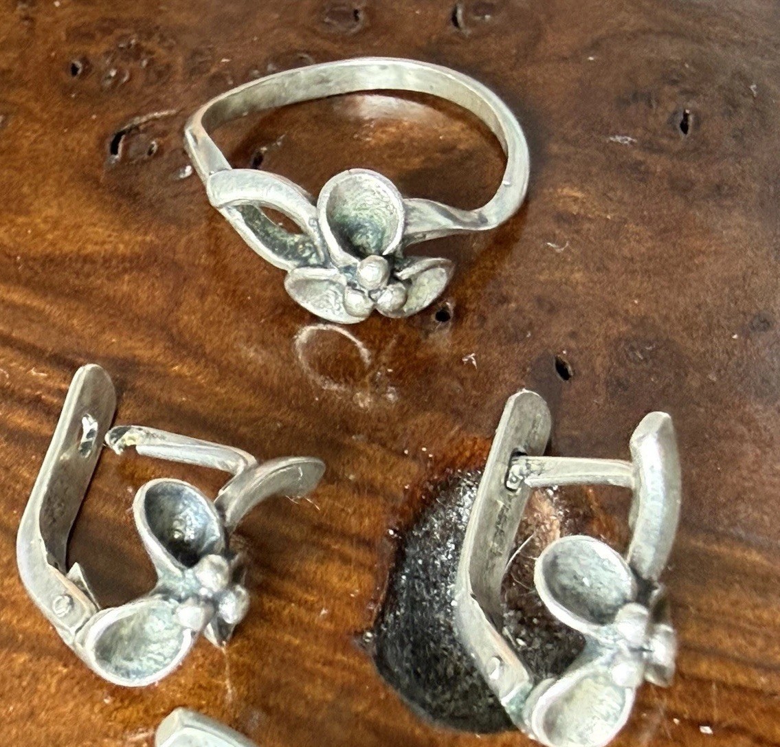 Flower Shaped Earrings Pendant Ring Set Sterling Silver 875 USSR Soviet Jewelry