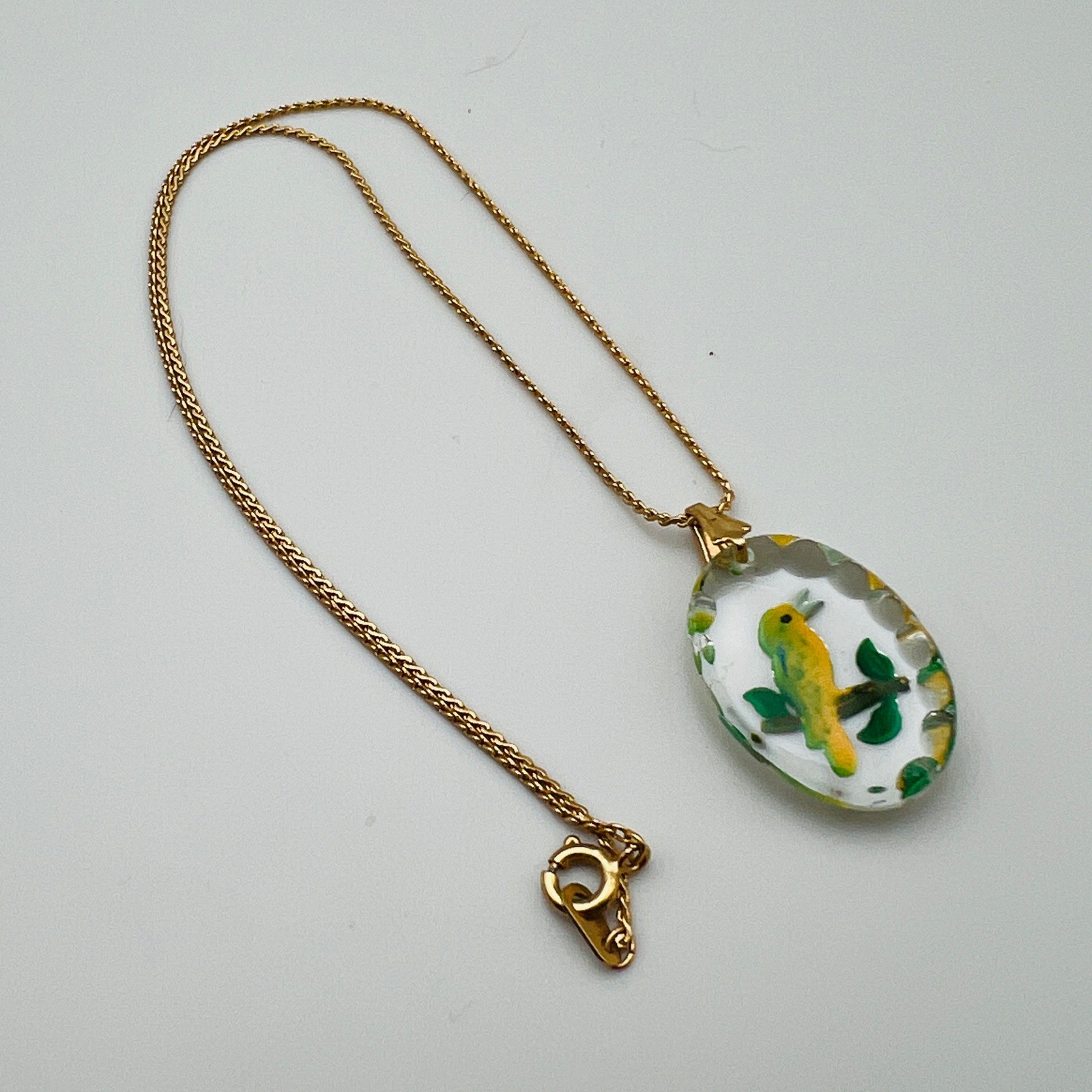 Vintage Glass Bird Pendant Hand Painted Acrylic Necklace Gold Tone Yellow Green