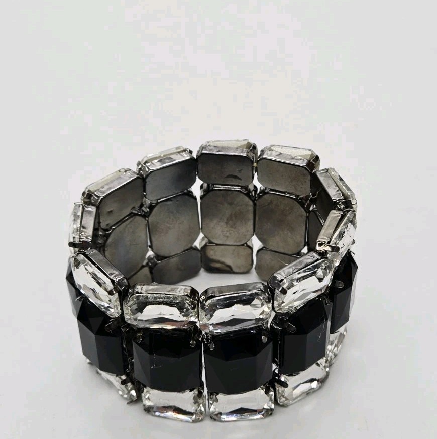 Art Deco Stretch Bracelet Silver tone Rhinestone WIDE OSFM Black White One Size