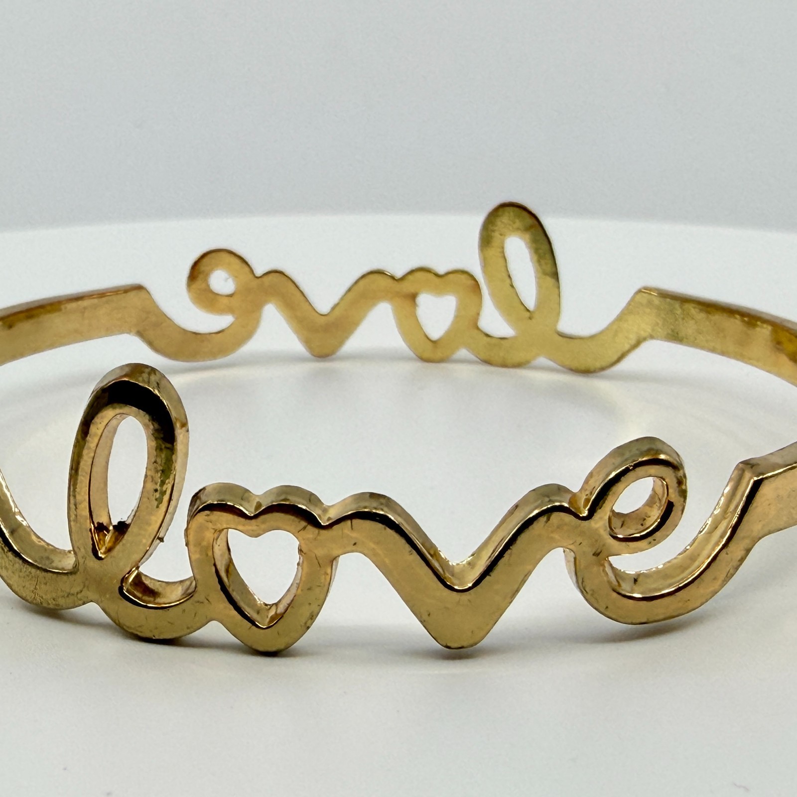 Gold Tone Love Script Bangle Bracelet Heart Detail Word Art Minimalist Stackable