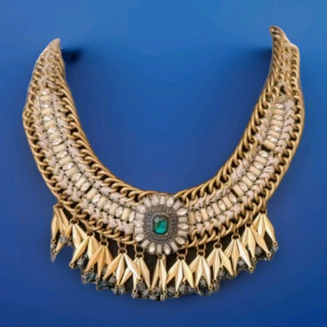 Necklace Freedom Collar Statement Lg Bib Rhinestone & Emerald Glass Gc