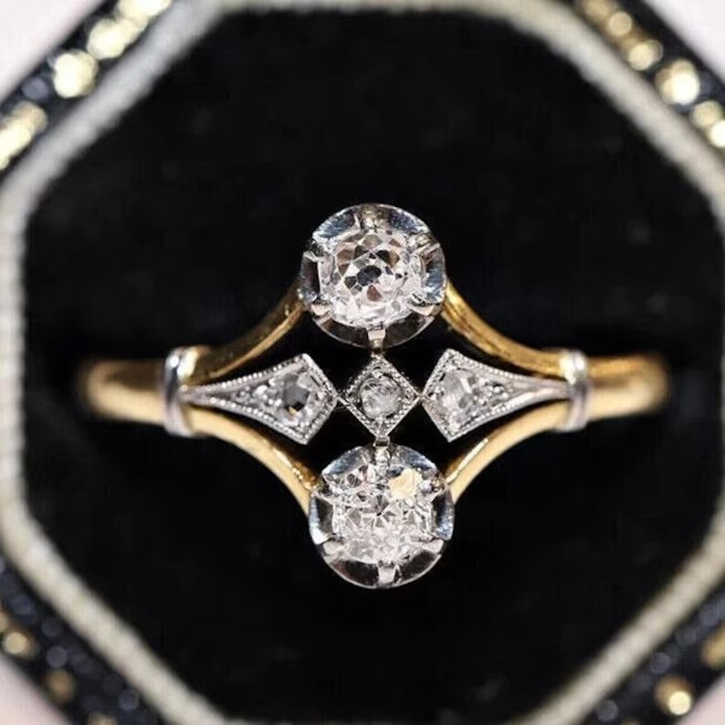 Art Deco Round Cut Lab Created Diamond 14K Yellow Gold Finish Engagement Ring