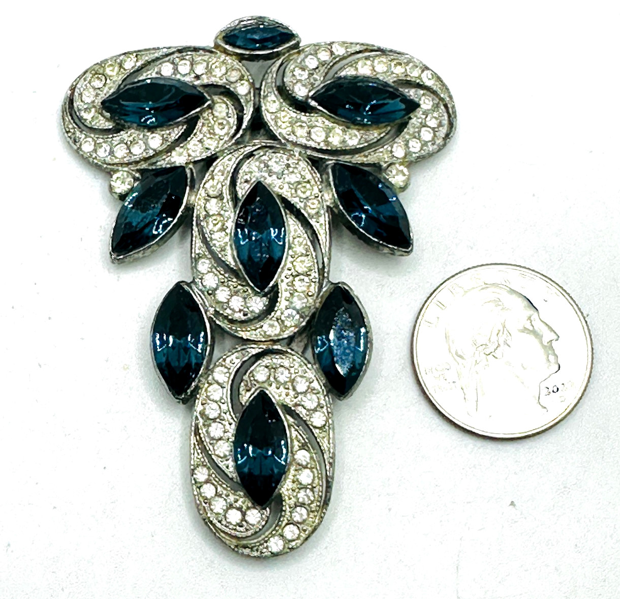 Vtg BIG Art Deco Montana Blue Rhinestone Dress Clip / Fur Clip Silver Pot Metal