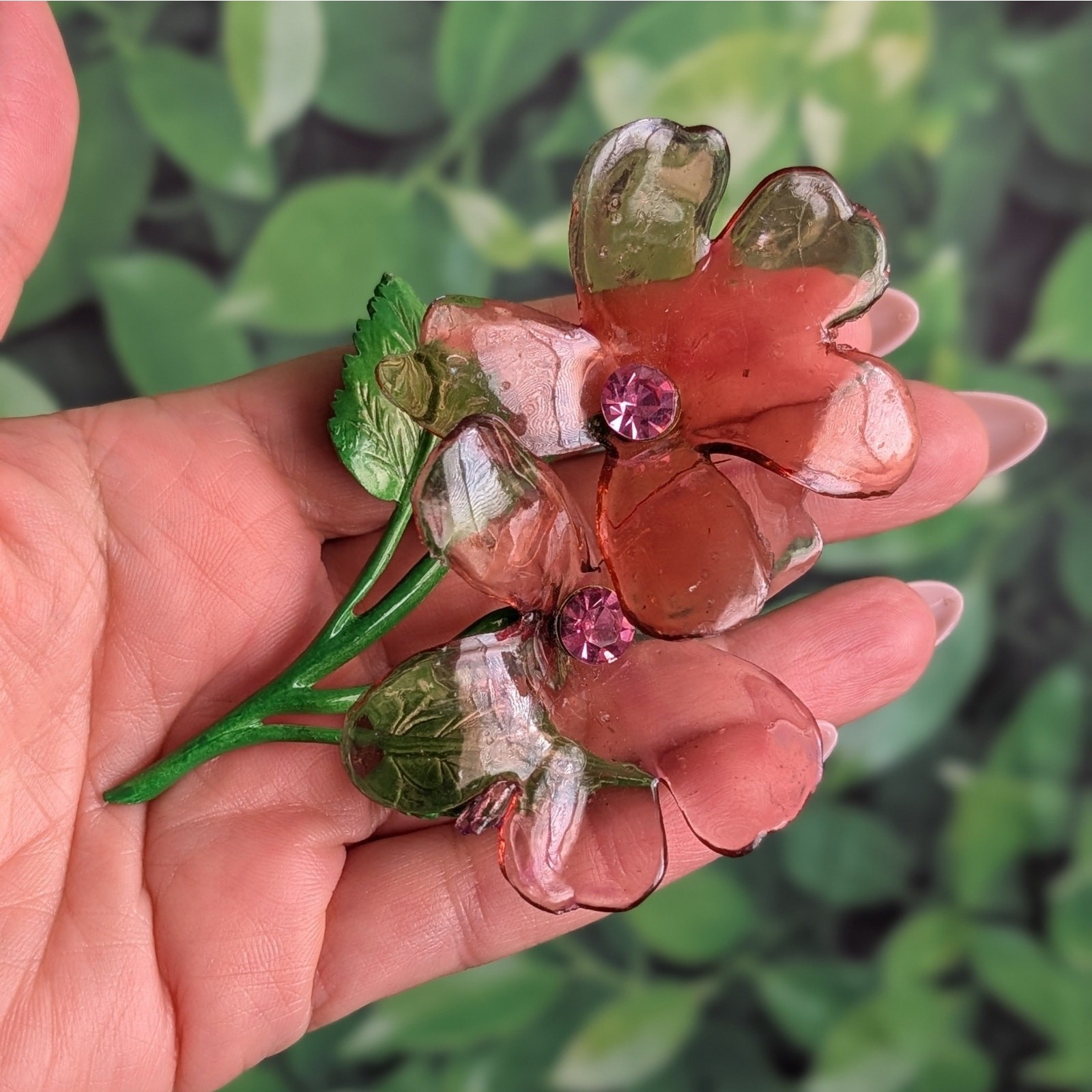 Vintage Cellulose Acetate Flower Brooch 40s Purple Large Floral Enamel Metal Pin