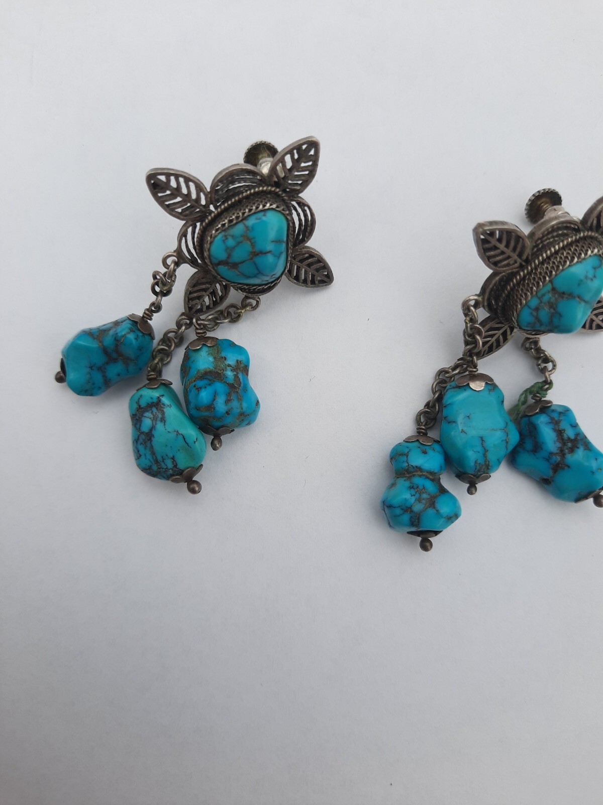 Antique Vintage Chinese Export Turquoise 800 Silver Filigree Earrings Chandelier