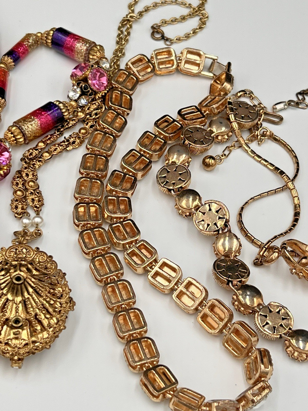 Vtg Rhinestone Glass Necklace Lot, Kramer, Trifari, West Germany Cameo