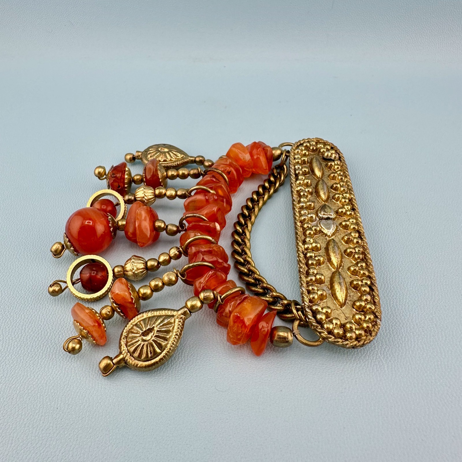 Vintage Bar Brooch Gold Tone Dangle Chains Carnelian Stone Beads Boho India