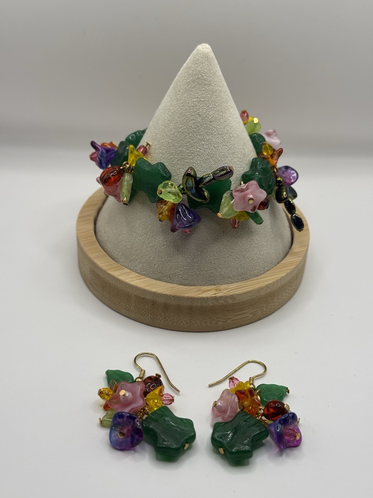 Vintage Multicolor Floral Glass Bead Toggle Bracelet 6” and Earring Set