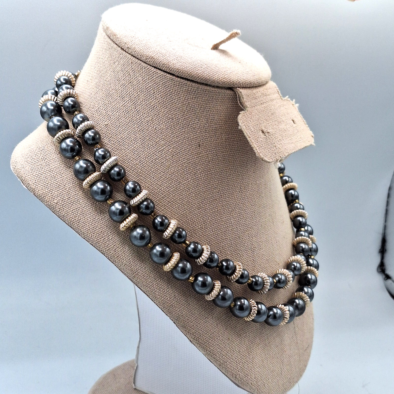 Hong Kong Double Stranded Gray Plastic Bead Silver Tone Choker Necklace 18″
