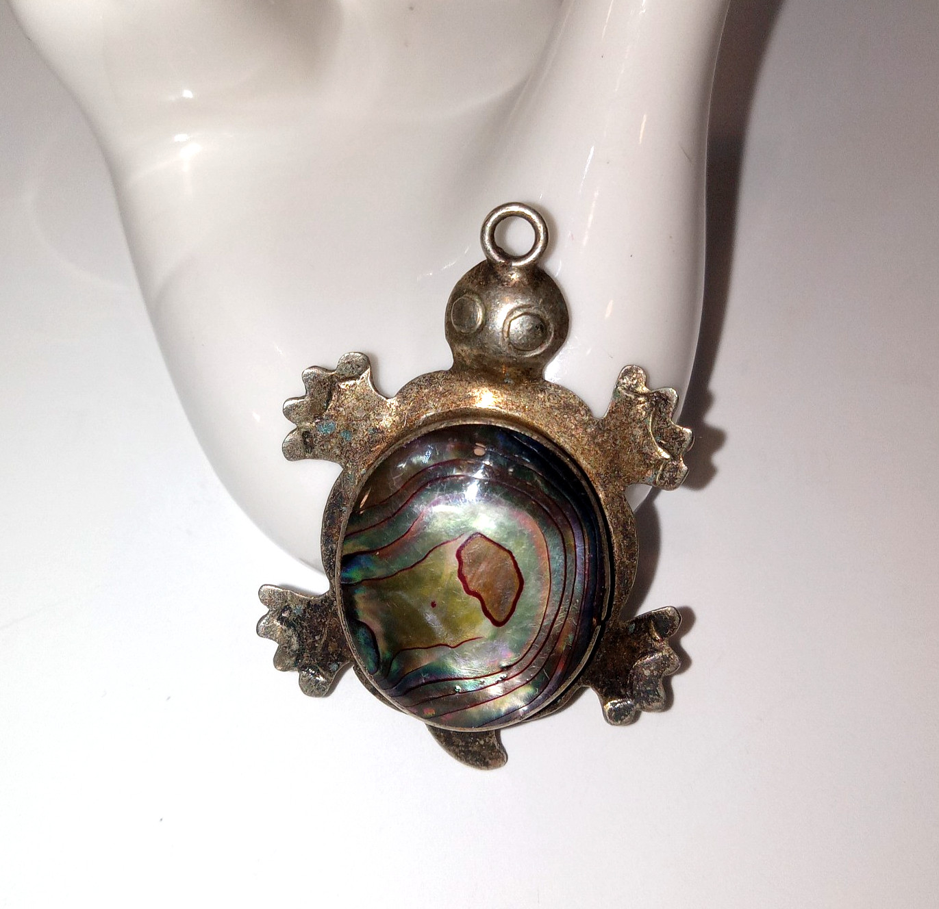 Vtg Alpaca Mexico Silver Abalone Turtle Pendant Charm 1″