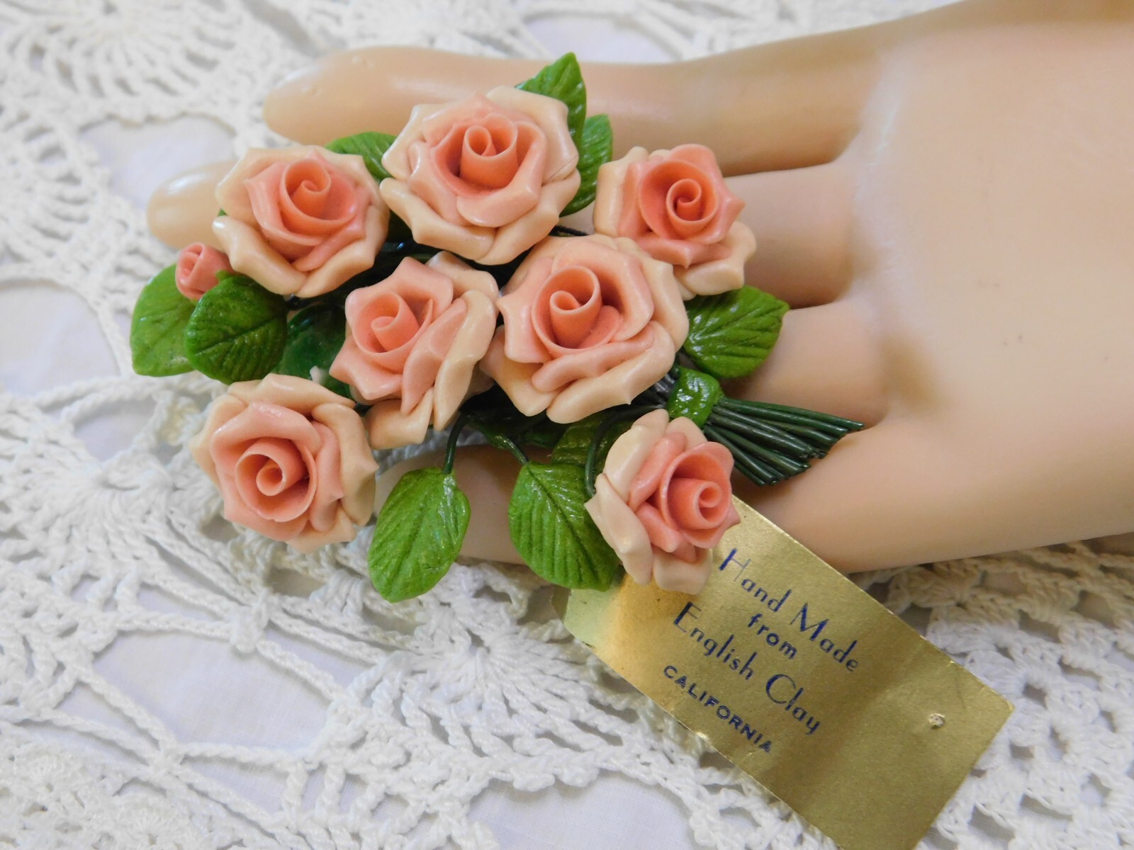 English Clay Handmade California Vintage Roses Brooch