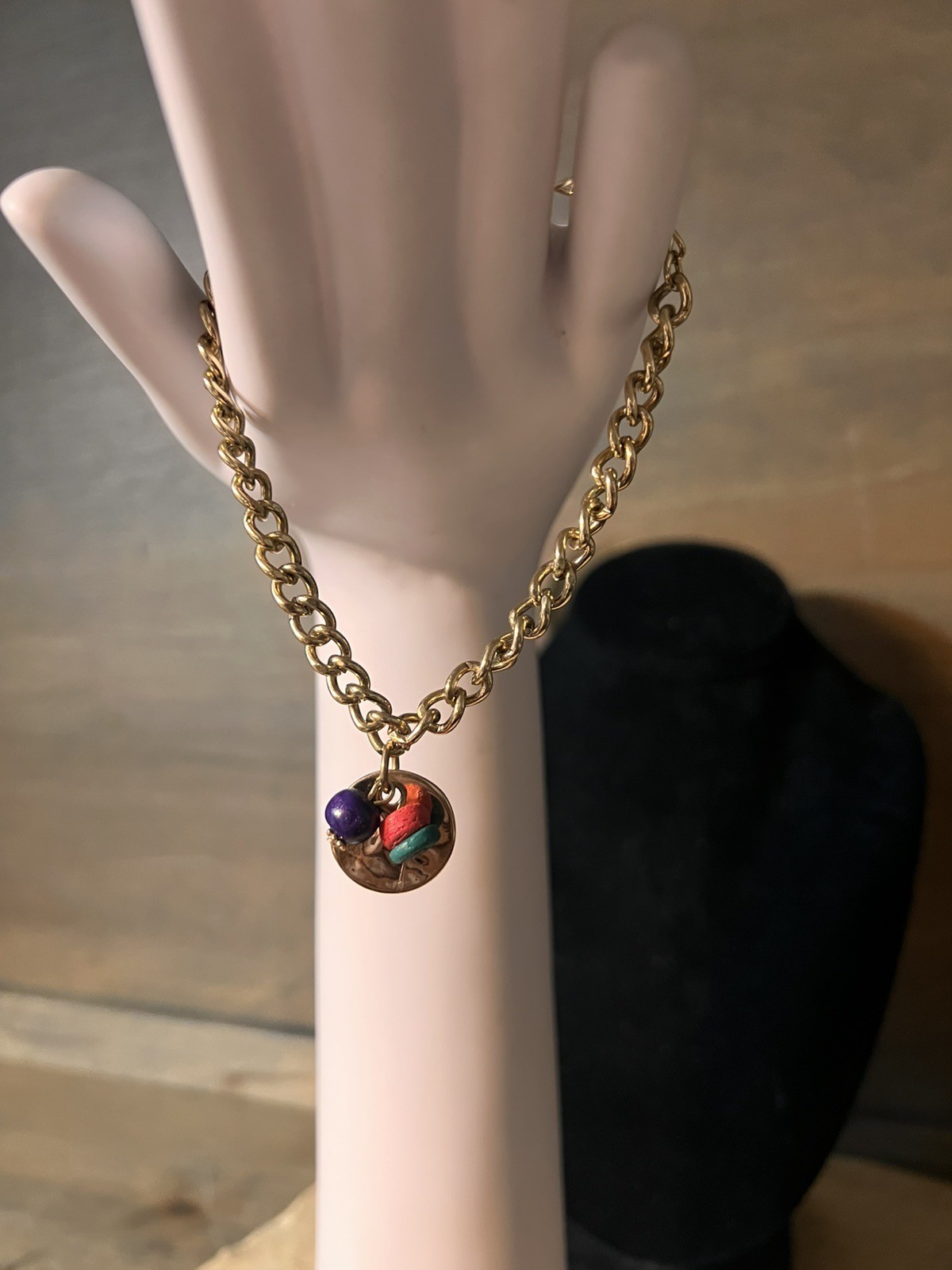 Vintage Aldo Chain Bracelet With A Goldtone Disc & Colored Wood Beads ~ 9″