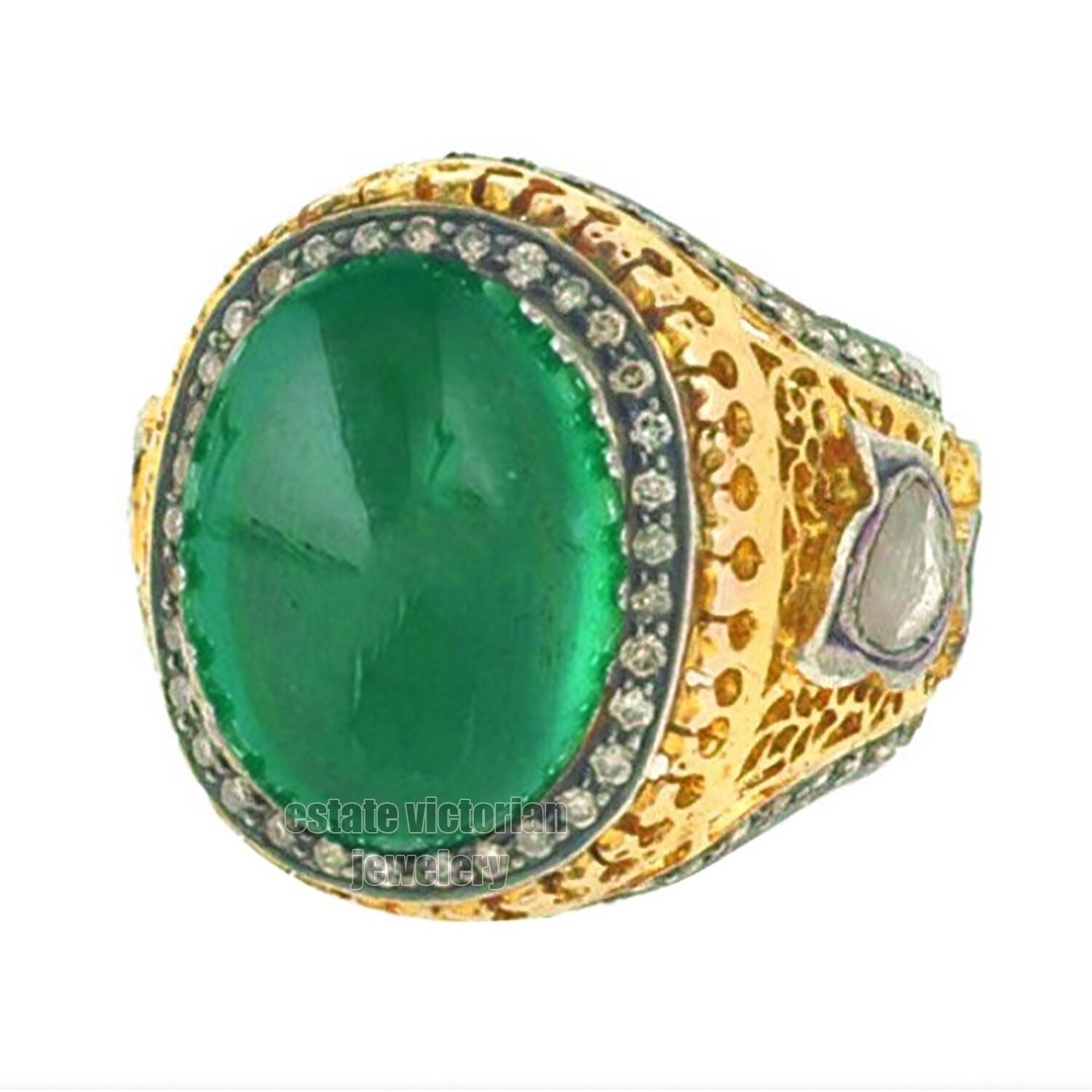 Gorgeous 3.65ctw Rose Antique cut Diamond Emerald Silver Victorian Ring Jewelry