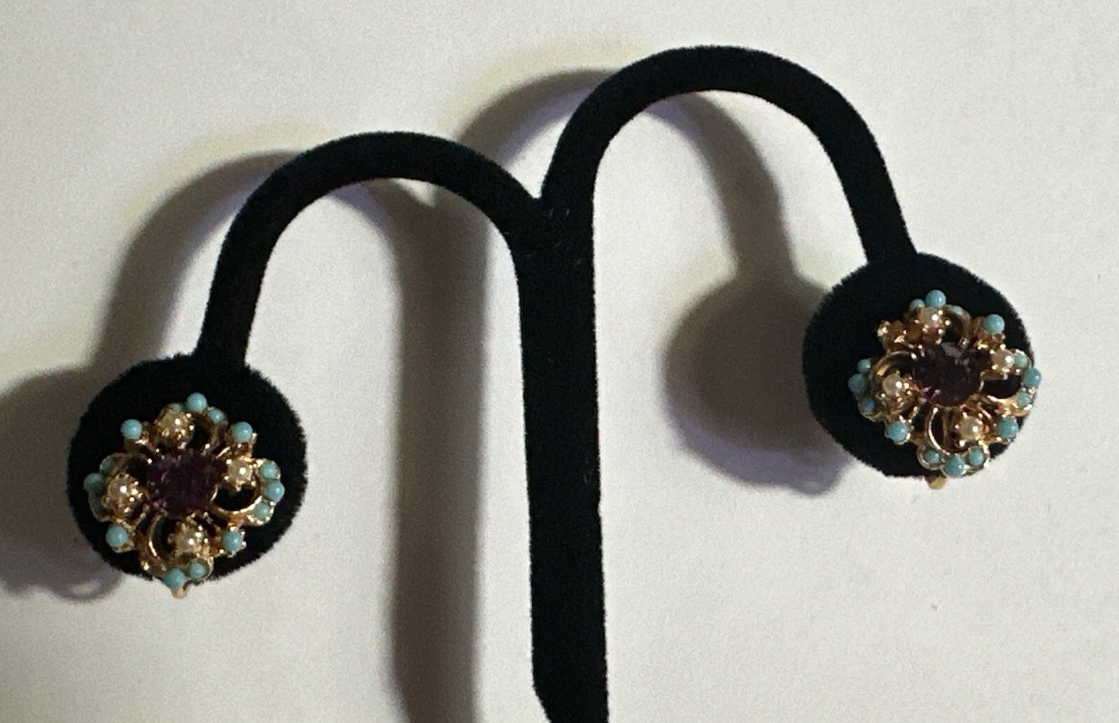 Vintage Purple Rhinestones Seed Pearl & Faux Turquiose Screw Back Earrings