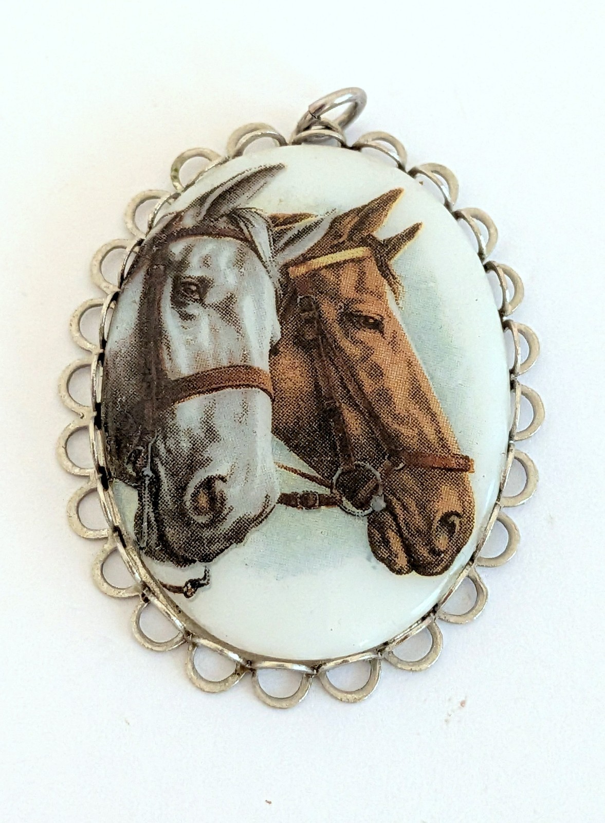 Gorgeous Vintage Silver Tone Double Horse Head Porcelain Pendant