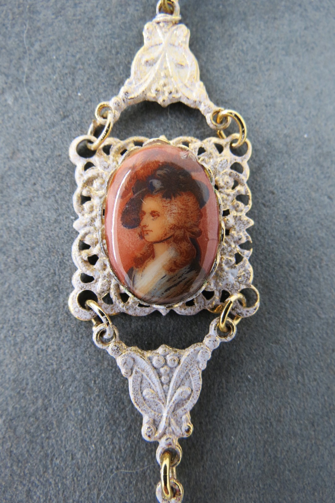 Vintage Cameo Portrait Pendant Hand Painted Transferware Porcelain White Wash